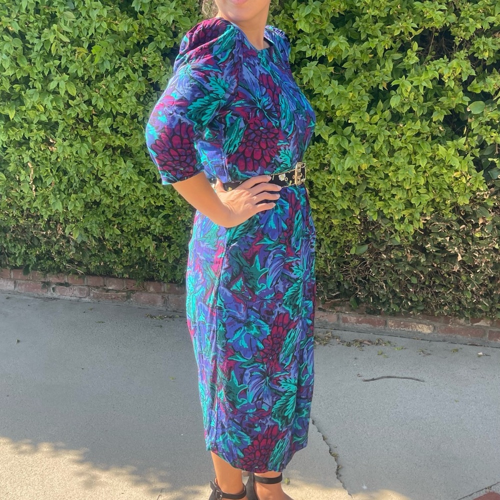 Vintage 80s Floral Midi Dress Secretary Tea Modest Bold Shoulder Pads Vtg Large - Picture 9 of 15